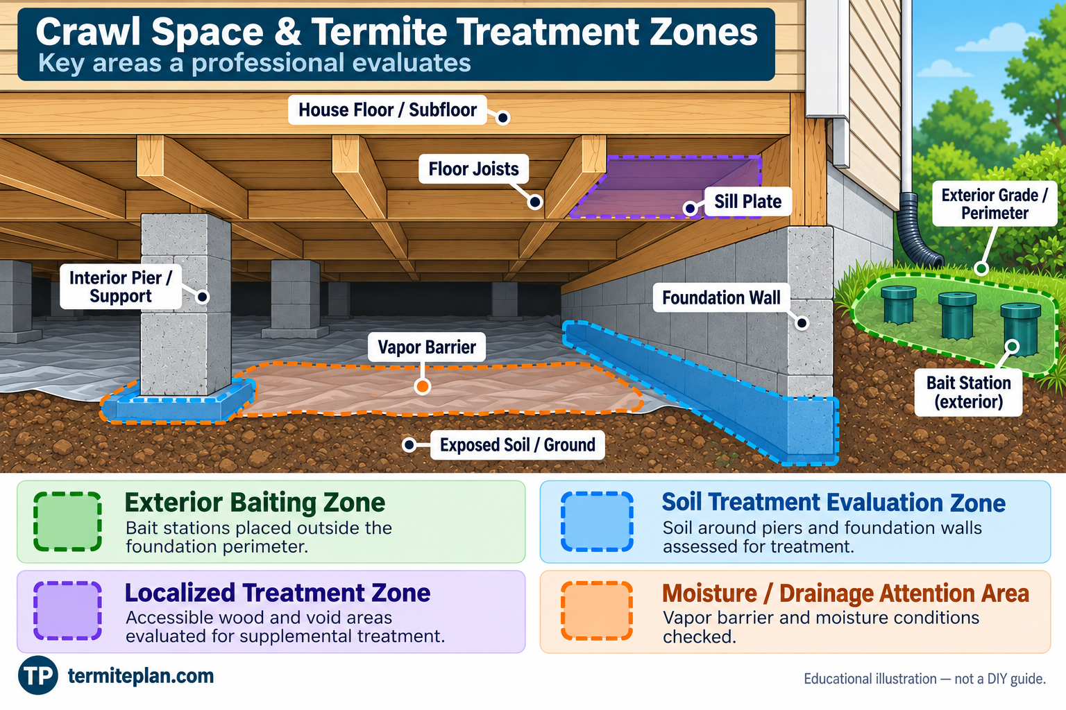 Simplified cross-section diagram of a crawl-space foundation showing the subfloor, floor joists, sill plate, foundation wall, interior piers, exposed soil with a vapor barrier, and exterior bait stations, with callouts marking the soil treatment, localized treatment, exterior baiting, and moisture-attention zones
