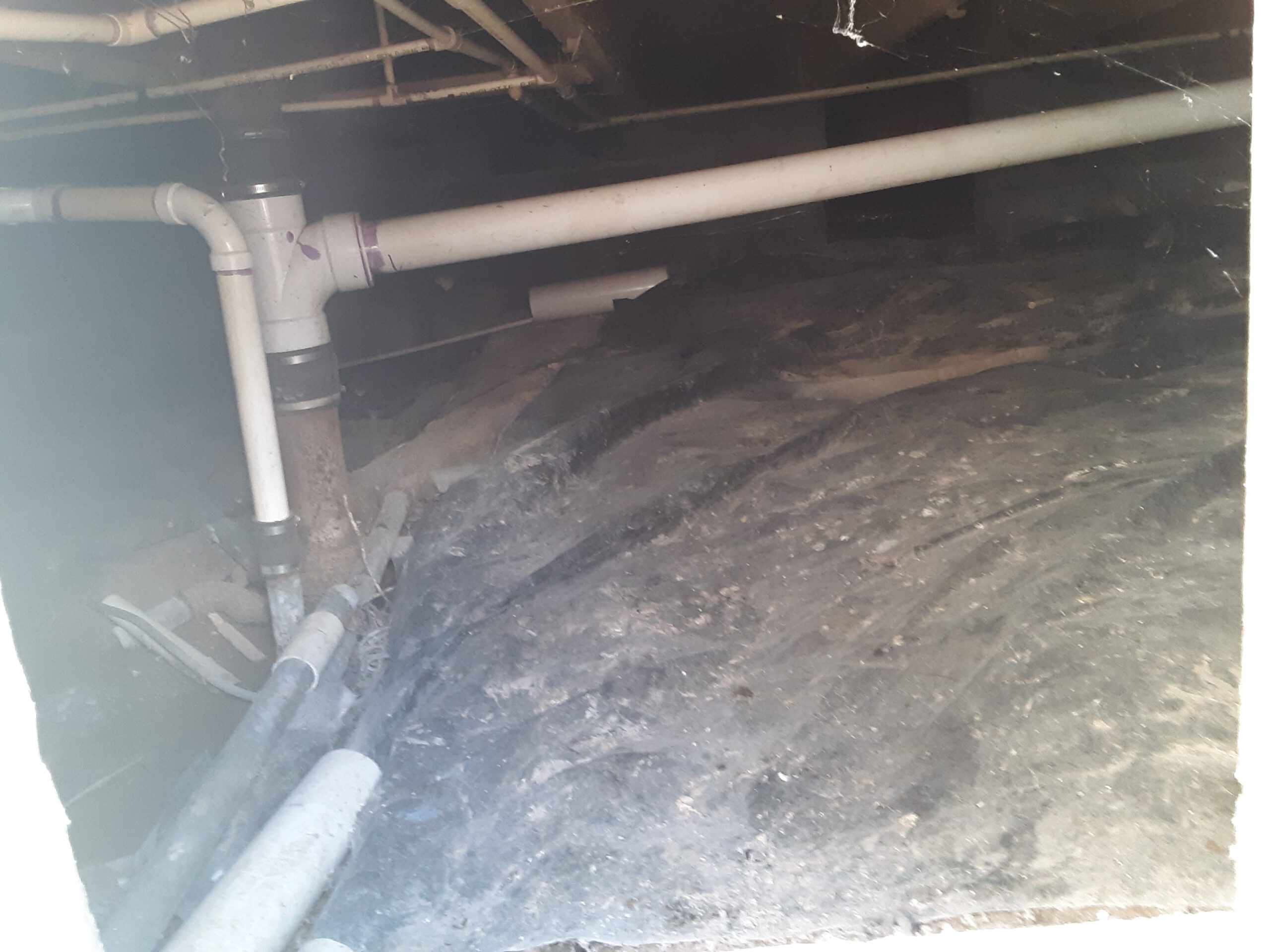 Crawl space under a house with exposed soil, plumbing, and a partial vapor barrier